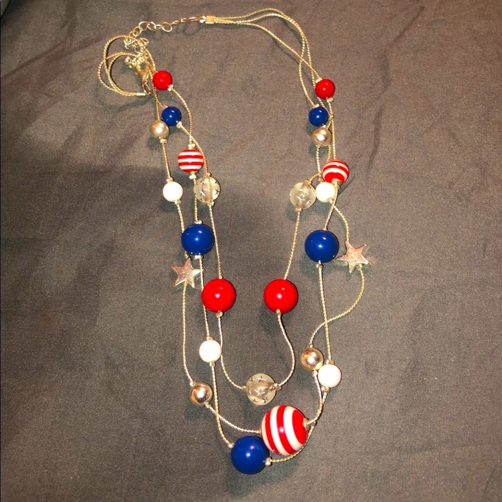Necklace 3 layers red white blue American United States of America Patriotic